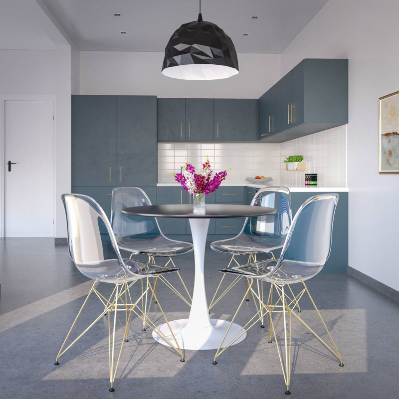 Elkton 5-Piece Dining Set With 35" Round Dining Table In White Iron Pedestal Base And 4 ABS Plastic Side Chair With Gold Base