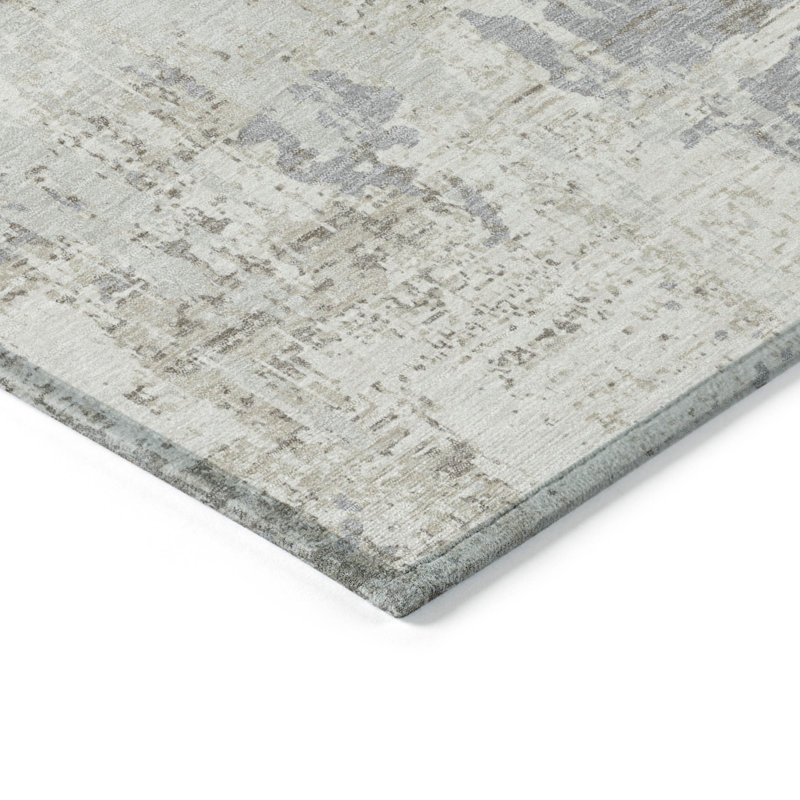 Ivory and Gray Abstract Washable Synthetic Rug
