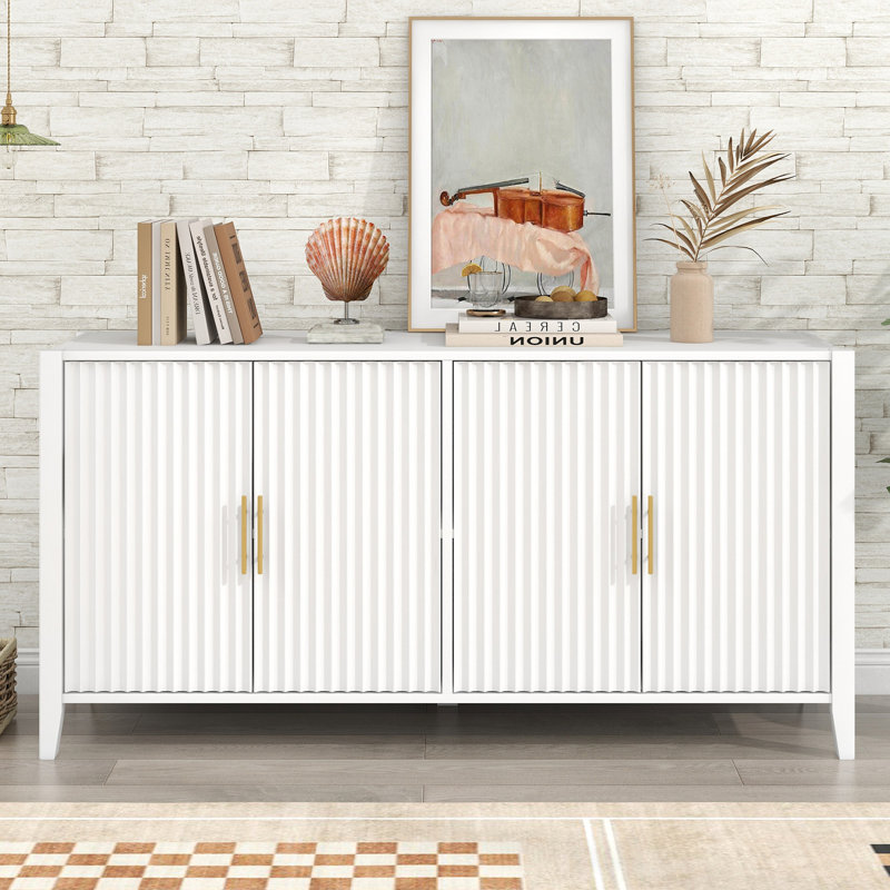 63" White Fluted Modern Sideboard with Gold Handles