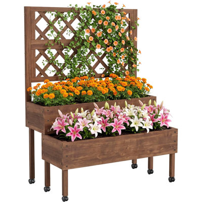 Lit de jardin surélevé avec treillis 41,93 po x 22,44 po x 54,13 po, boîte à fleurs à 2 niveaux avec pieds, support à fleurs surélevé pour jardin, patio, balcon avec roues, trous de drainage