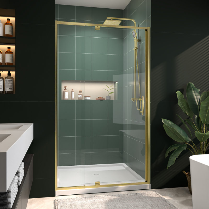 38 - 42 in. W x 71 in. H Pivot Semi-Frameless Shower Door in Brushed Gold with Clear Glass, Brushed Gold, Clear