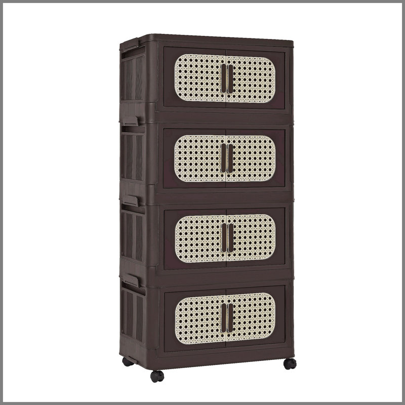 Armoire de rangement pliante rétro brune de 20 pouces de large avec 4 niveaux, bacs pliables, porte magnétique et roulettes pour une mobilité facile