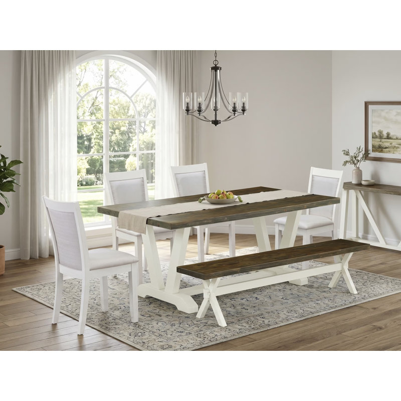 Ensemble de salle à manger 6 pièces comprenant une table rectangulaire à pieds en V et 4 chaises Parson en lin couleur crème avec banc, 101,6 x 182,9 cm (40 x 72 pouces).