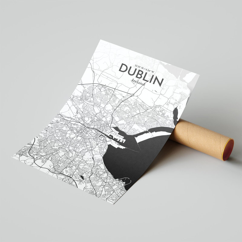 «Dublin City Map», impression de luxe, Noir / blanc, H 17 po x l 11 po