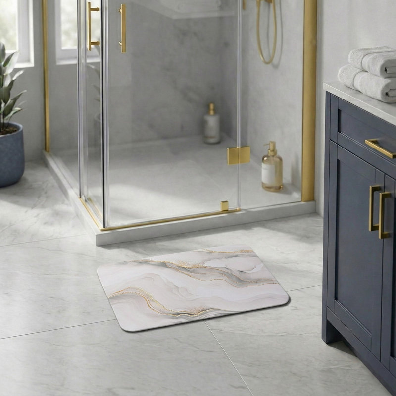 Decorative Bath Mat 24x18 – Ultra Absorbent Quick Dry Rug with Anti-Slip Rubber Backing, Beige/Gray/Gold Marble