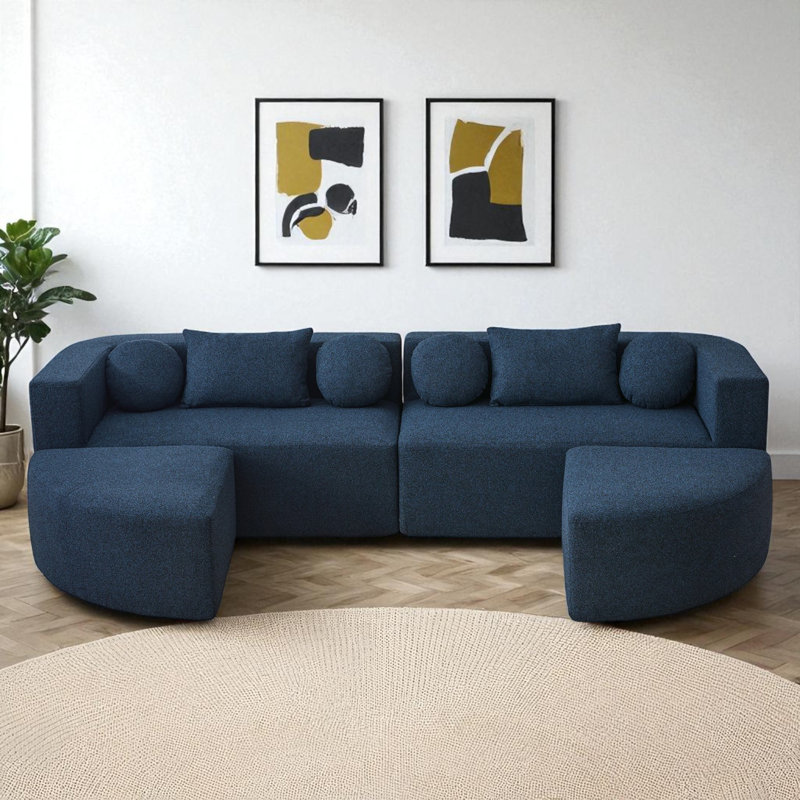 Upholstered Boneless Modular Sectional, Blue Boucle