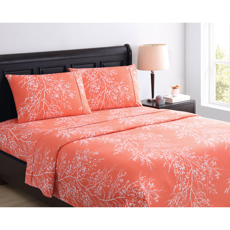 Microfiber Floral Sheet Set, Twin Sheet Set + 1 Fitted Sheet + 1 Pillowcase, Coral