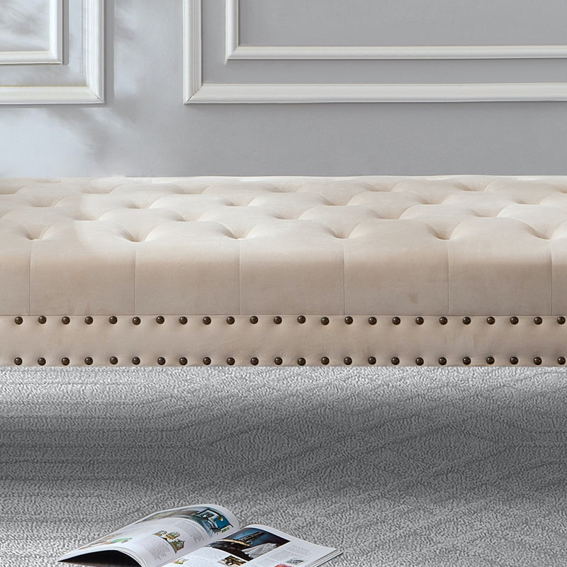 Alianny Upholstered Tufted Bench, Beige Velvet