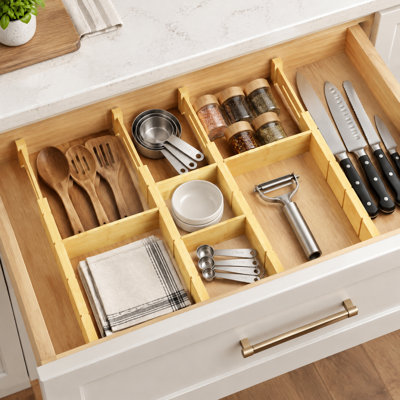 Adjustable Bamboo Drawer Divider Organizer with Inserts & Labels, Expandable Drawer Separators, 4‑Divider 9‑Insert Set for Kitchen, Dresser and Office