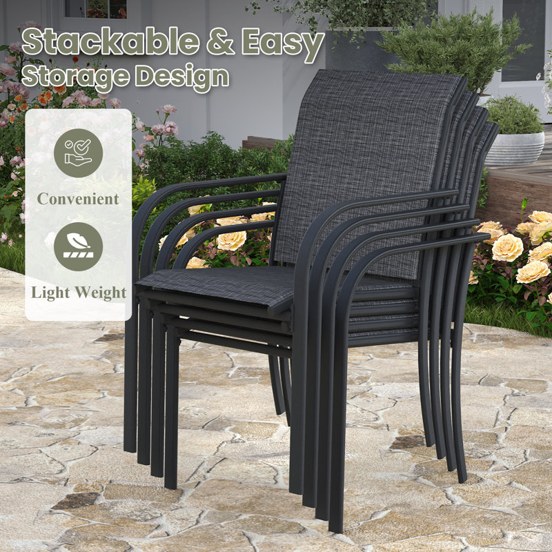 8-Person Round Patio Dining Set with 60" Dining Table and 8 Stackable PVC-coated polyester Chairs, Black/Black