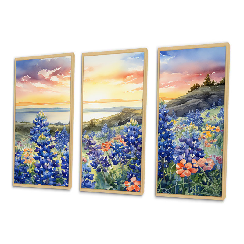 «Blue Bonnets Sunset I», ensemble d'art sur toile Blue Bonnets, Cadre naturel flottant, H 32 po x l 48 po x P 1 po