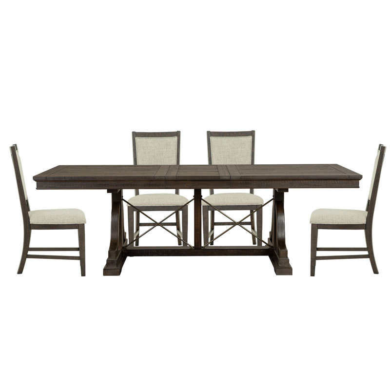 Extendable Trestle Dining Table With 4 Upholstered Side Chairs, 5 Pieces: Table, 4 Chairs
