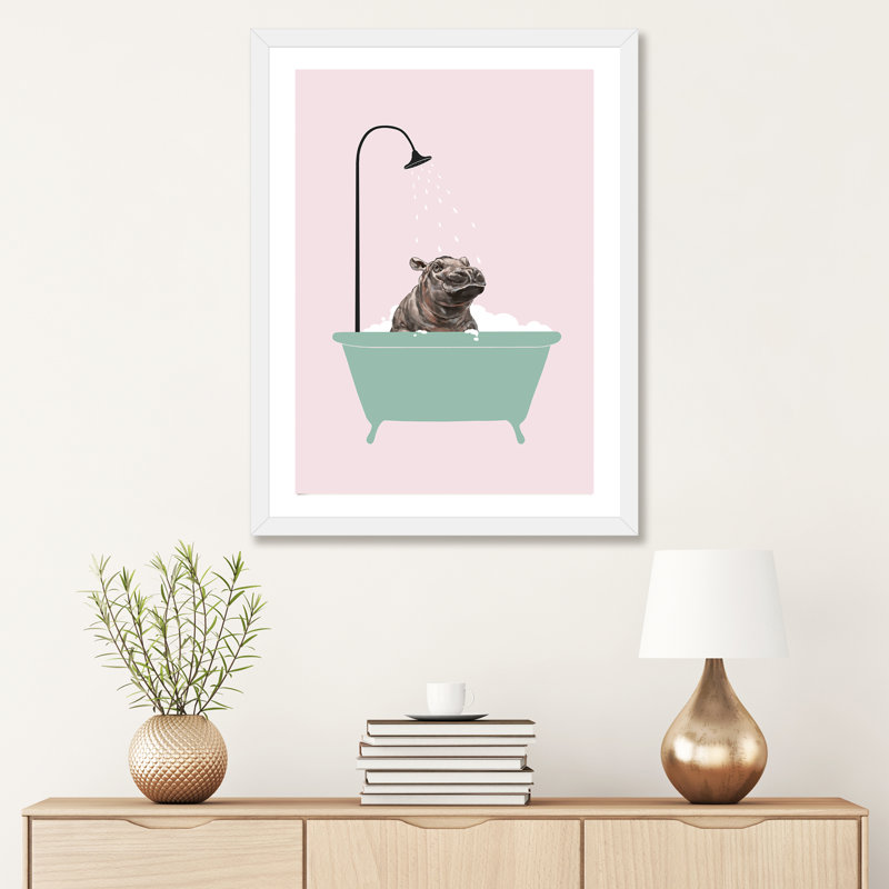 Hippopotame dans une baignoire, art encadré, H 32 po x l 24 po x P 1 po, Papier avec cadre blanc