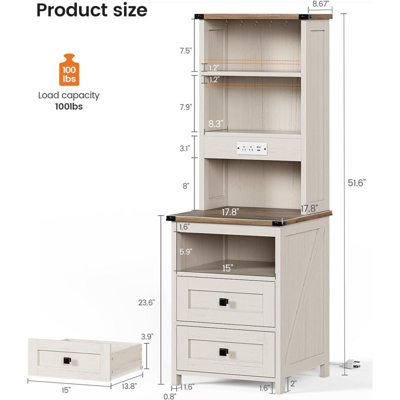 2 Drawers Farmhouse Tall Nightstand with Charging Station and Bookshelf, Antique White, 1