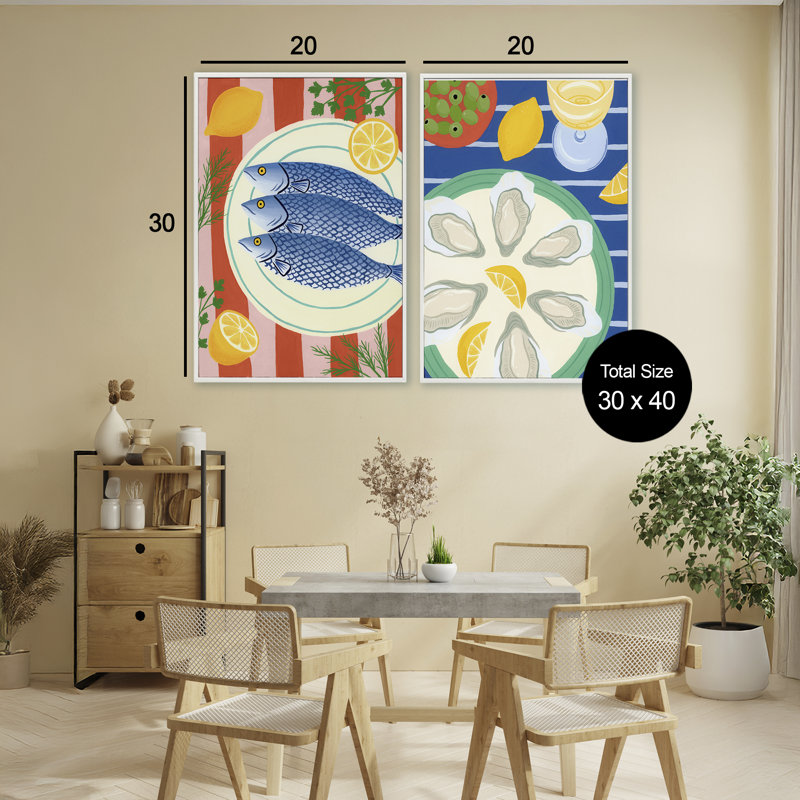 Ensemble de 2 giclées encadrées de fruits de mer de cuisine, design par Courtney Haley, H 30 po x l 40 po