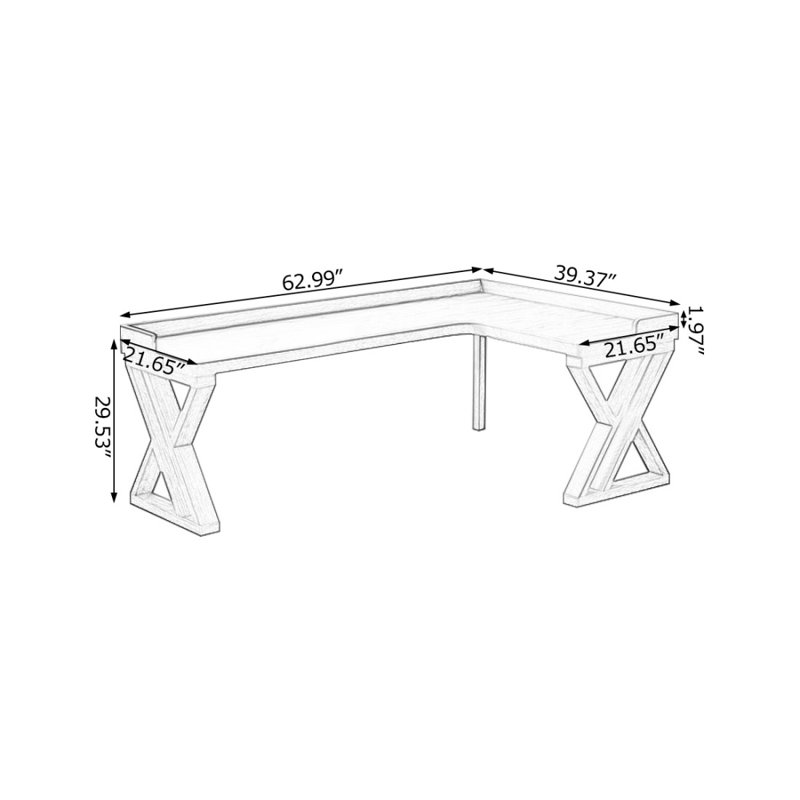 Bureau d'écriture en L en bois massif brun clair, Retour à droite, 29.53" H x 62.99" W x 39.37" D