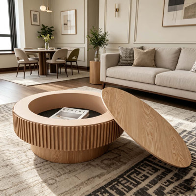31.5'' Round Coffee Table with Storage Solid Wood Veneered Modern Coffee Table Accent Tea Table
