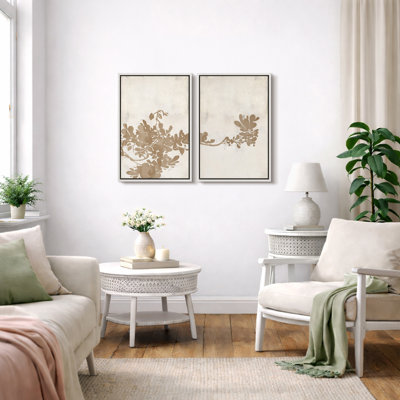 Leaves "Distressed Tan Brown Neutral Artwork, Classic Minimalist Wall Pictures, Framed Canvas Giclee Print 2 Pieces Wall Art Set" 16x24x2 pcs, 24x36x2 pcs