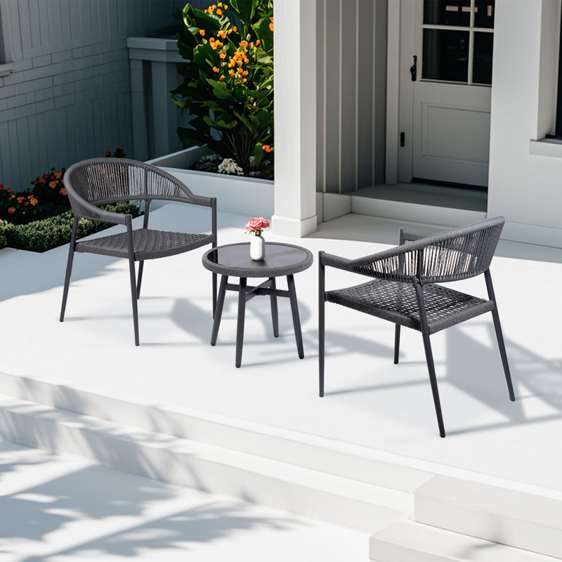 Ensemble de conversation en rotin 3 pièces, 2 chaises avec table, gris