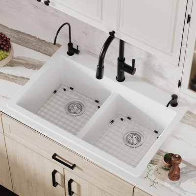 Karran Quartz 33'' X 22'' Double Bowl 50/50 Top Mount Drop-in Kitchen Sink Kit
