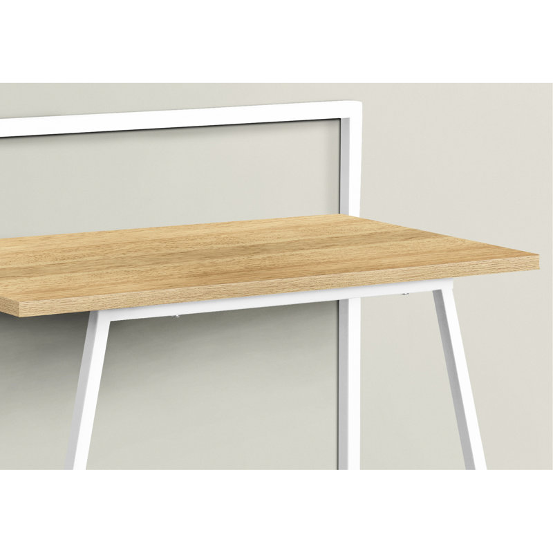 Bureau d'étude moderne de 76 cm (30 po) - Plateau en stratifié naturel et structure en métal blanc, idéal pour l'apprentissage, bureau d'ordinateur contemporain, poste de travail pour ordinateur portable avec piétement supérieur.