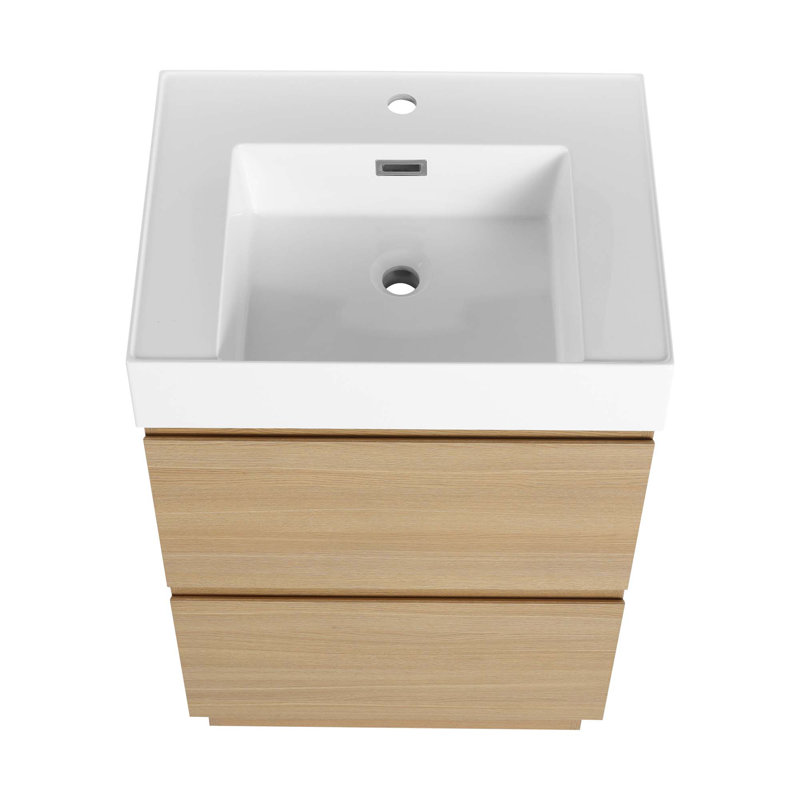 Meuble-lavabo moderne avec lavabo simple encastré et 2 tiroirs, Chêne