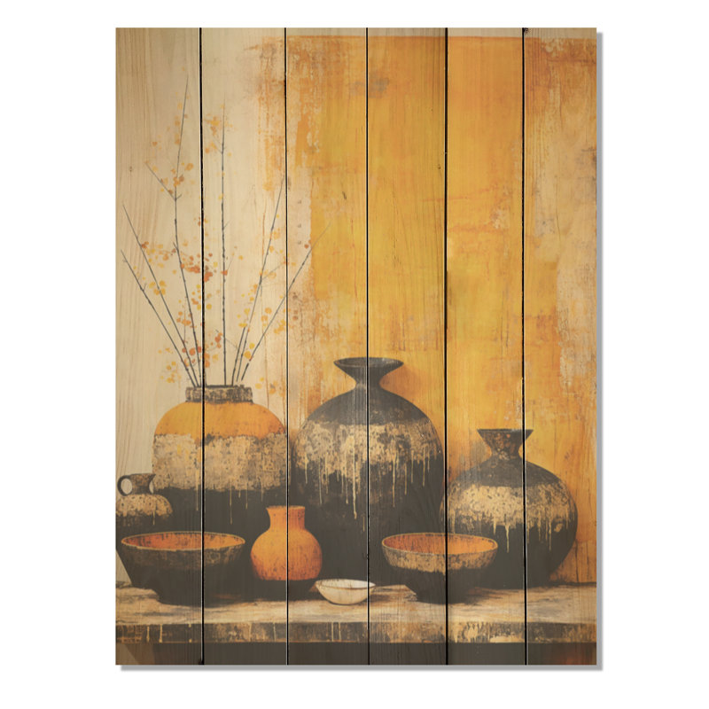 Artistique de poterie jaune artistique I - Boho Pottery Wood, art mural sur bois de pin naturel, H 40 po x l 30 po