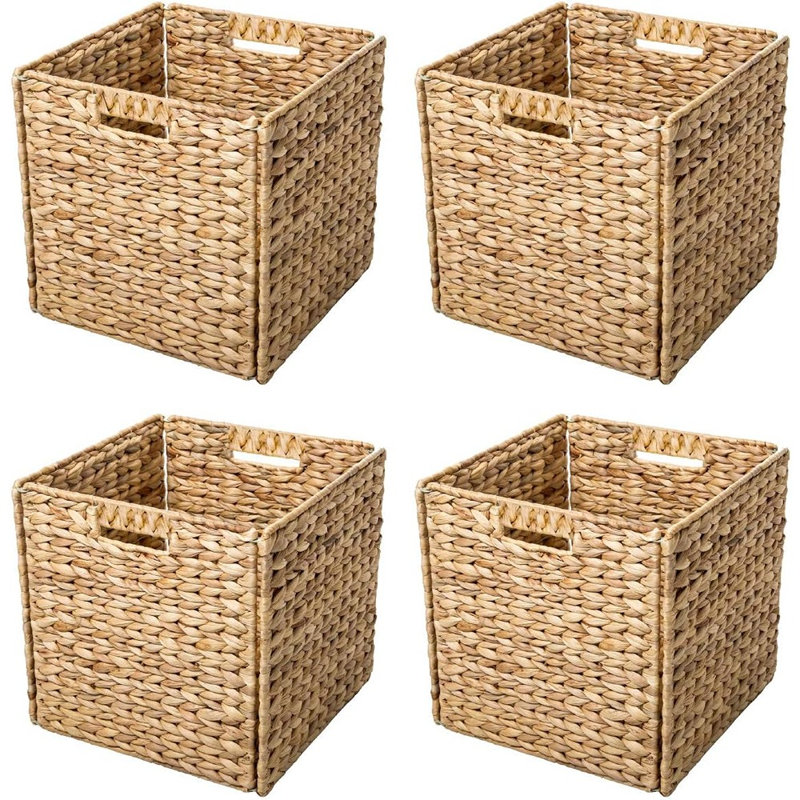 Paniers de rangement pliables en jacinthe d'eau avec armature en fil de fer, ensemble de 4, paniers de rangement tressés pour chambre, buanderie, cuisine et étagères