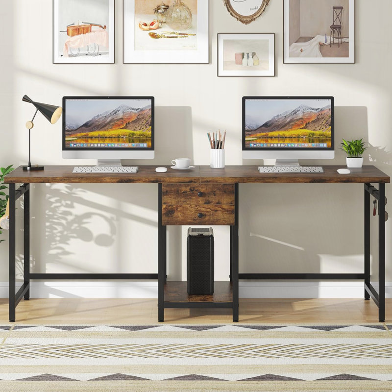 79-Inch Two Person Computer Desk with Drawers and Storage Shelves, Extra Long Double Workstation Table with Hooks