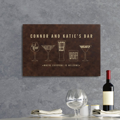 Cocktail Glasses Brown Leather Canvas Bar Sign 12x18