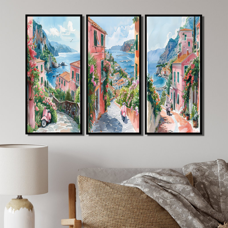 Village côtier rose, Italie I - Collection d'art mural Italie, Noir, H 32 po x l 48 po