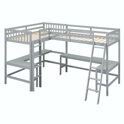 Wood Twin Size L-Shaped Loft Bed With Ladder And 2 Built-In L-Shaped Desks