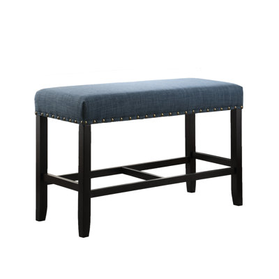 Counter Height Dining Bench With Blue Fabric Covering And Legs Trim Blend For Elegant Stable Structure