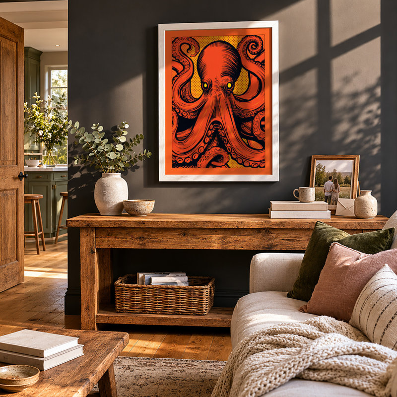 Dynamic Octopus Graphic - Framed Print, A2 - 59.4 x 42.0 cm, White