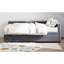 Lit plateforme simple tapissier en forme de L avec rangement et tiroirs, gris