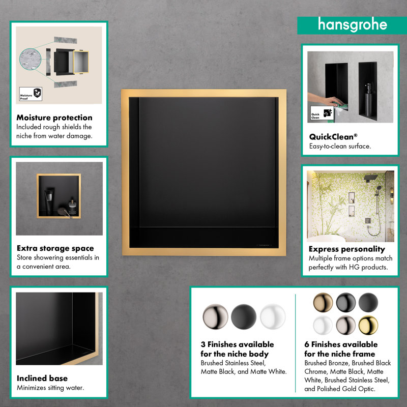 XtraStoris Individual Wall Niche Matte Black with Design Frame 15.38" x 15.38" x 4", Brushed Stainless Steel