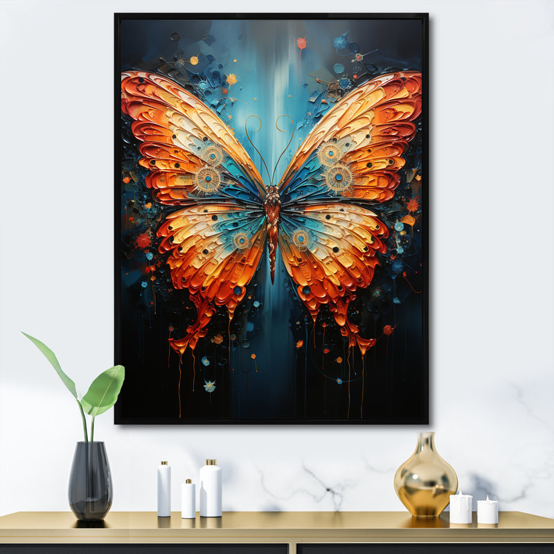Humaima, surréalisme, le papillon cosmique sur toile, H 20 po x l 12 po x P 1 po, Cadre flottant noir