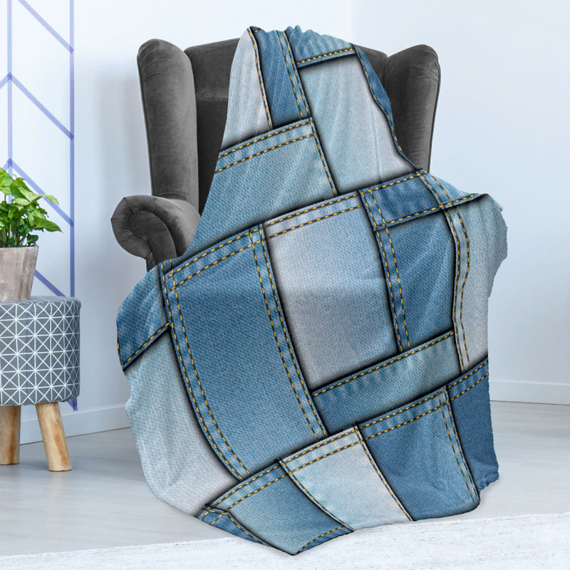 Ambesonne Blue Fleece Throw Blanket Denim Patchwork Pattern Blue, 50" W x 60" L