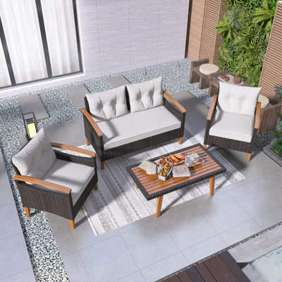 4-Piece Garden Furniture, Patio Conversation Set, PE Rattan Outdoor Sofa Set, Modular Design,  Acacia Wood Coffee Table,Protective Table Cover, Brown Rattan And Beige Cushions