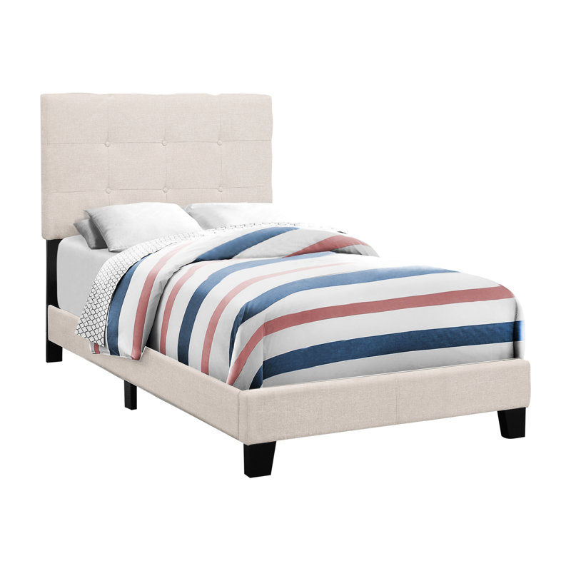 Lit simple tapissier pour lit simple, structure de lit en lin beige, bois massif, mousse confortable