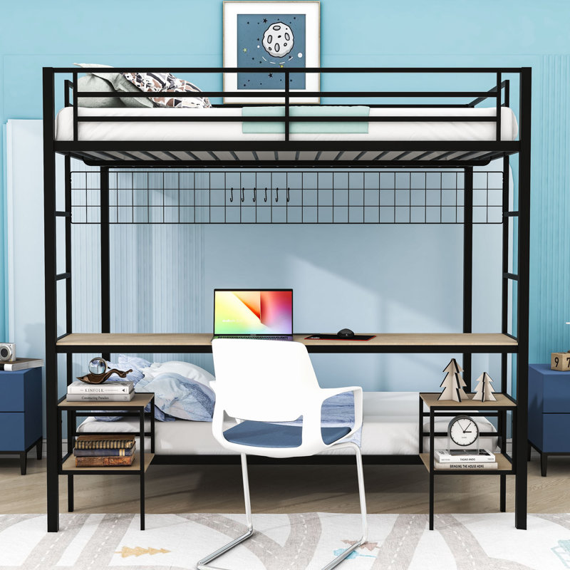 Full Over Twin Bunk Bed With Study Desk And Charging Ports, Black/Nature Oak