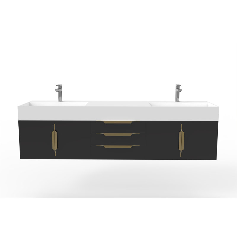Clelie 72 " W Wall Mounted Wall Mounted 1 Single Double Vanity Bathroom Vanity With Solid Surface Top, White, Gray, Gold