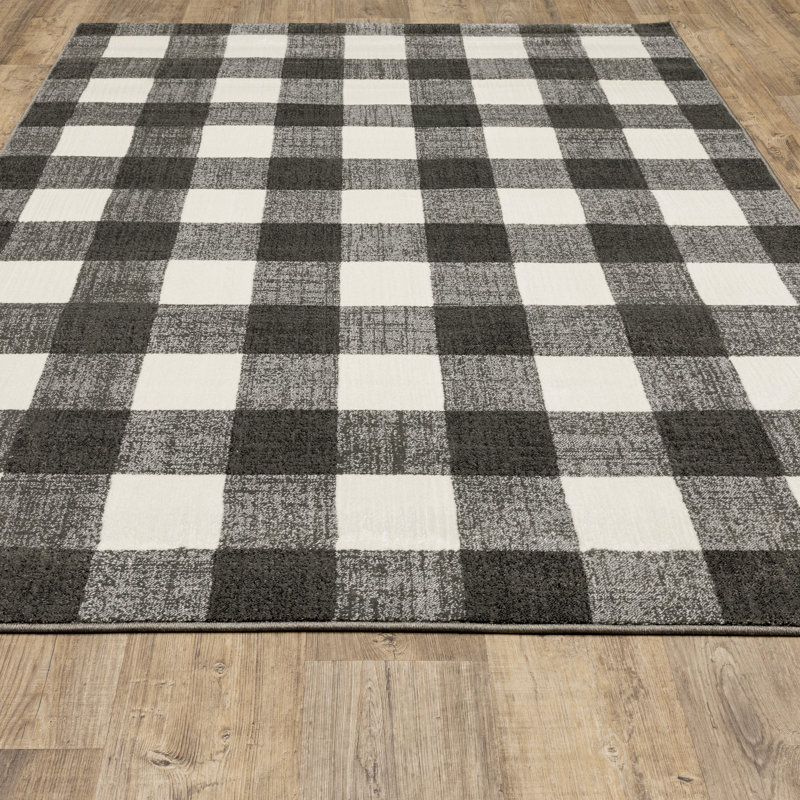 Dashelle Distressed Gingham Plaid Charcoal/Ivory Area Rug, Rectangle 9'11" x 13'