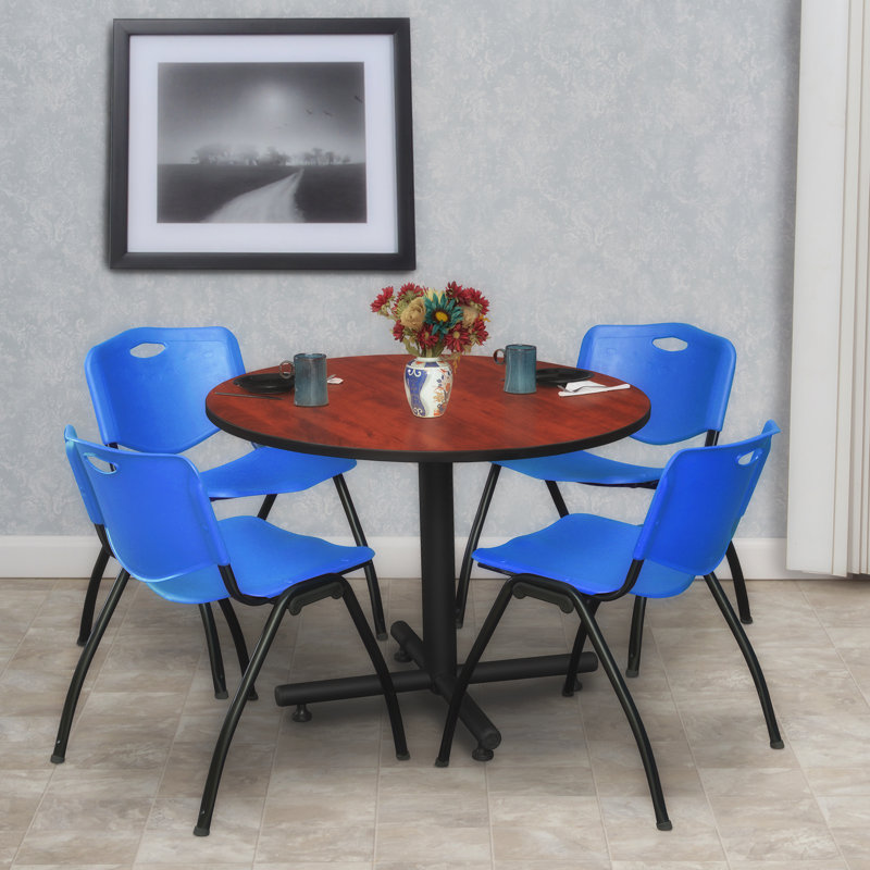 Regency Kobe Round X-Base Breakroom Table, 4 M Stack Chairs, Blue, Cherry