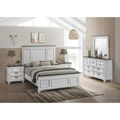 Giusi Wood Bedroom Set With Shiplap Panel Bed, Dresser, Mirror, And Two Nightstands