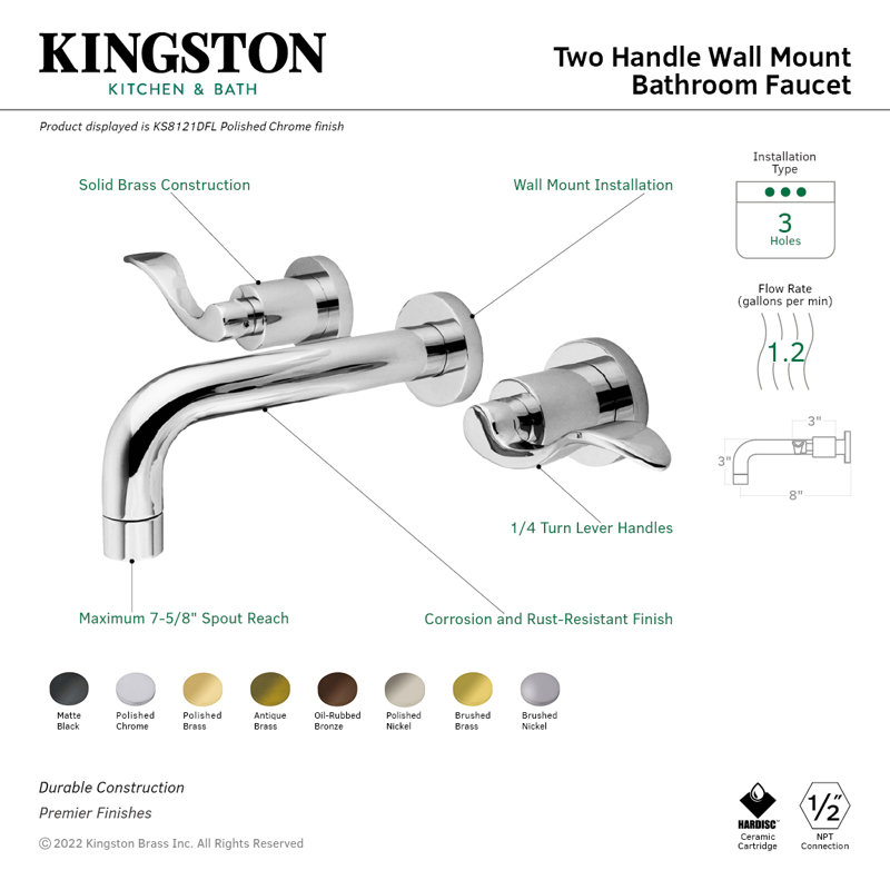 Kingston Brass NuWave Two-Handle 3-Hole Wall Mount Bathroom Faucet, Oil Rubbed Bronze