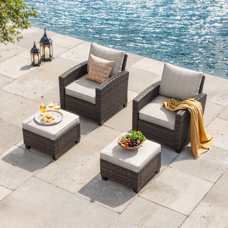 Batey 2-Person Patio Seating Group with Wicker Cushion Chairs and Ottomans, Beige Cushion/Brown Frame