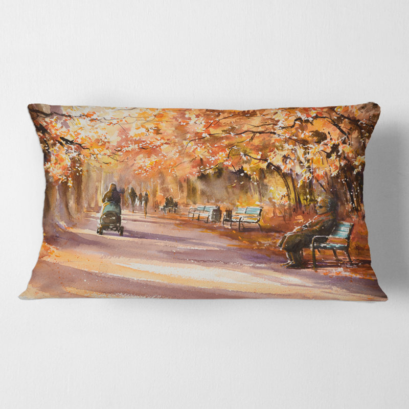 Rectangle, route dans le parc, journée ensoleillée d'automne - Coussin décoratif imprimé campagne