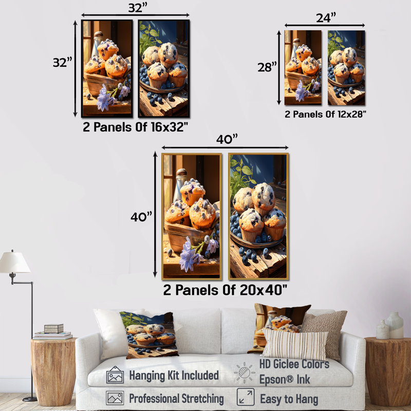 «Blue Fresh Muffin Morning - Desserts», ensemble de 2 reproductions d'art mural, Toile tendue, H 32 po x l 33 po