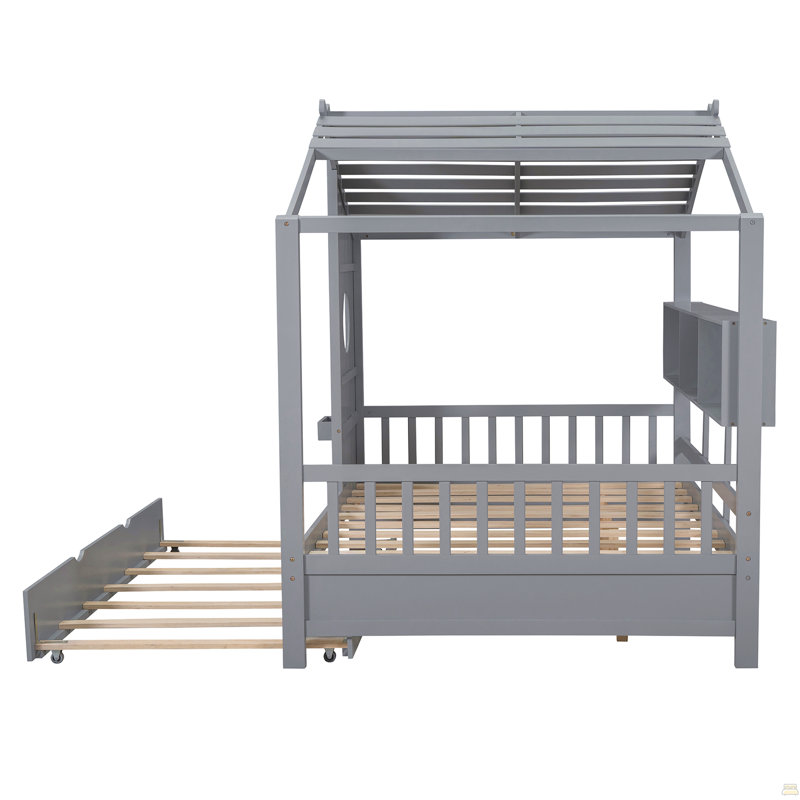 Lit double en bois avec lit gigogne, Gris